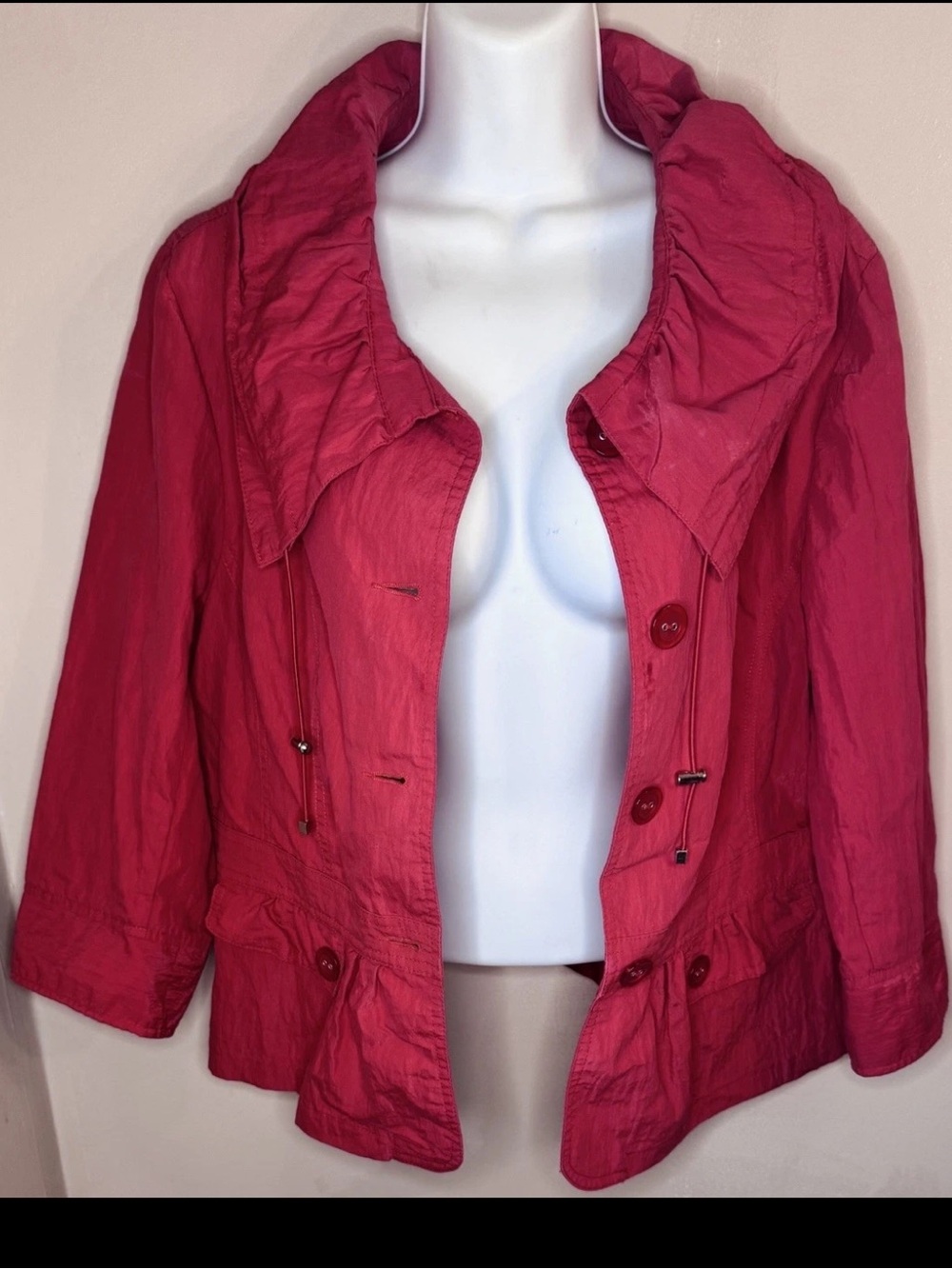 ♥️TRIBAL♥️ WIDE DRAWSTRING TOGGLE COLLAR 3/4 SLEEVE RUFFLE HEM BUTTON JACKET